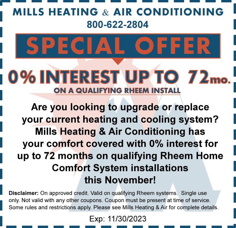 72 month zero percent interest financing rheem air conditioner discount coupon special offer november 2023